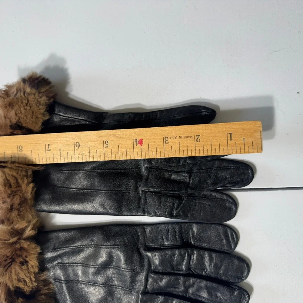 Leather Gloves Women M Black Faux Fur Trim Glam Mob Wife Aesthetic Vintage
